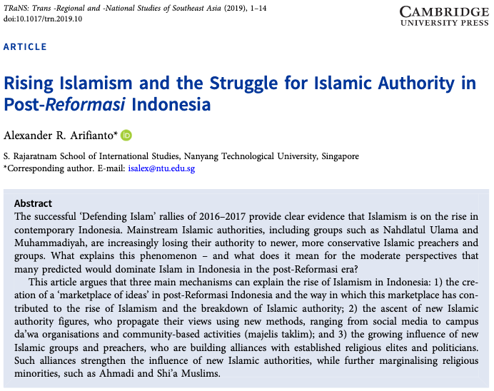 pscindo's tweet photo. How do new Islamic authority figures institutionalize intolerance in Indonesian society?

New TRaNS paper by @aarifian1
explains https://t.co/nlhVNWobzz #politikislam #indopsc #politicsandreligion https://t.co/eeM7lBmXld