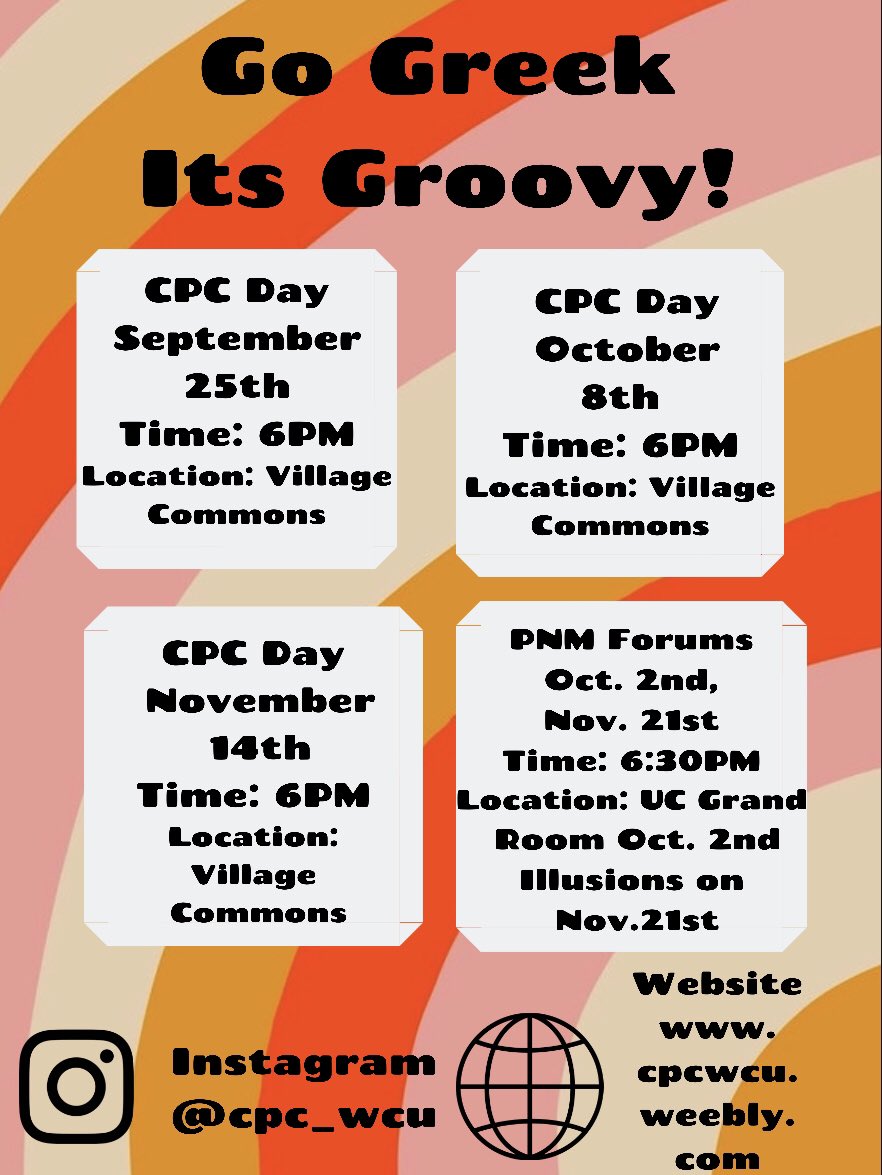 CPC__WCU's tweet image. ‼️‼️Don’t Forget‼️‼️ Tomorrow is our second CPC day and we cannot wait! CPC days let you get to know each individual sorority and learn all about their organization! They are there to answer any questions and make you feel like you’re home away from home. Go Greek It’s Groovy!
