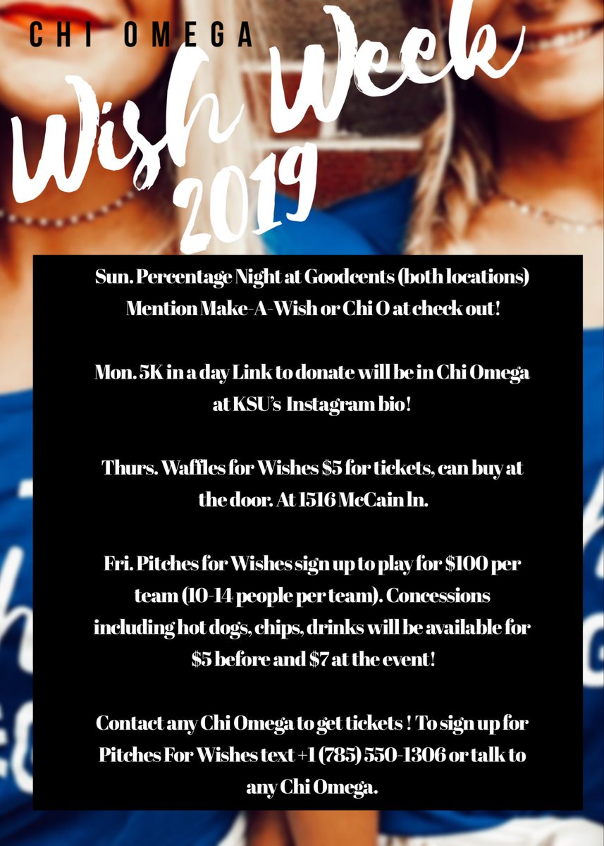 ChiOmegaAtKSU's tweet photo. It’s Wish Week in Man-Kan! Help support the Make-A-Wish Foundation; Venmo @ KSU_ChiOmega 💫 We can’t wait to see you Thursday night from 9pm-1am at the house for waffles!🤩🍴 https://t.co/JxgjxsrOaL
