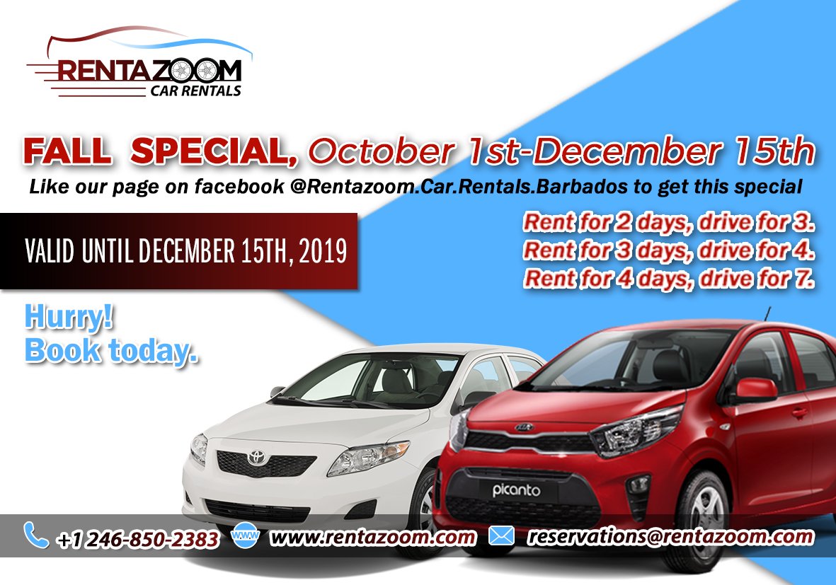 Rentazoom's tweet photo. Take advantage of our “Fall Special” this October and explore Barbados. 

Book for 2 days get 1 additional day FREE.
Book for 3 days get 2 additional days FREE.
Book for 4 days get 3 additional days FREE.

Ends December 15, 2019. Click the link for more information… https://t.co/LEaVAjbRpA