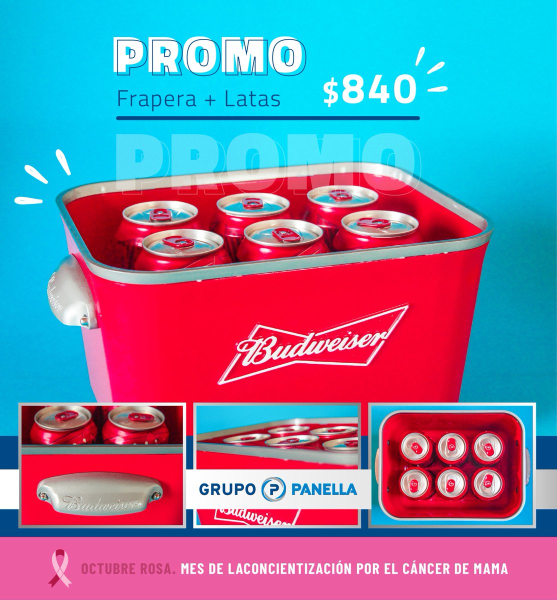 panellagrupo's tweet photo. Con esta promo te alegramos el lunes 🔥 

#PromoPanella
Llevá 1 frapera Budweiser + 6 latas de 473cc a $840 😍

Disponible en #PanellaSanMartín ➡ Lavalle 901, oficina de Atención al Cliente https://t.co/hxGSrnvVvu