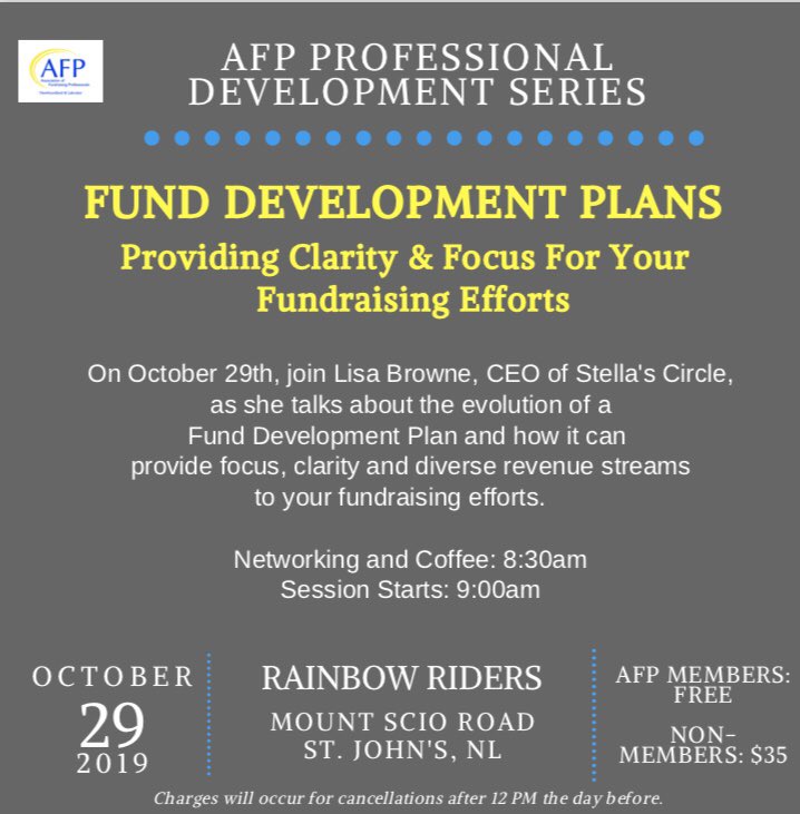 Nancy_Hollett's tweet image. On October 29, @AFPNL_  presents @LisaBrowneNL , CEO of Stella’s Circle, as she talks about the evolution of a   fund development plan, and how it can provide focus, clarity and diverse revenue streams to your fundraising efforts.

eventbrite.ca/e/fund-develop…