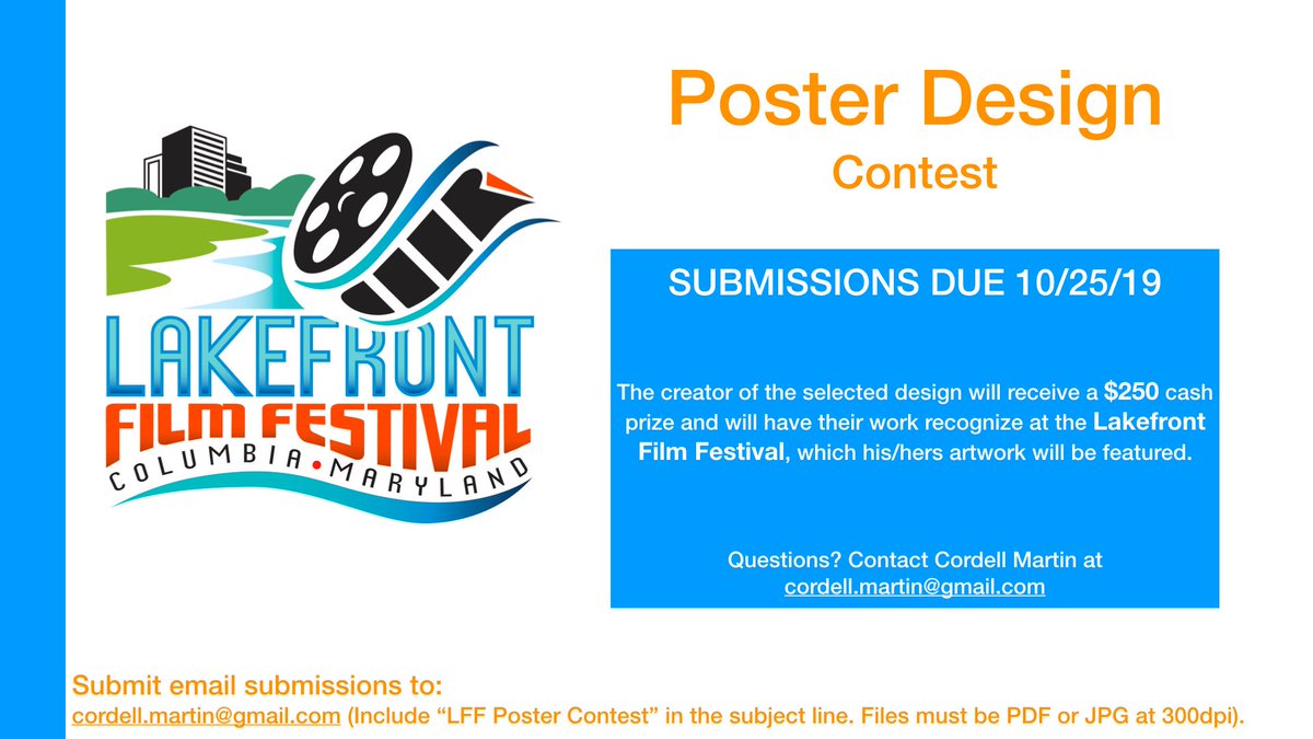 BlackReelAwards's tweet photo. Lakefront Film Festival is calling for entries for our first annual Poster Design Contest! $250 cash prize and artwork featured at the 2020 LFF! Deadline for entries is October 25, 2019. For rules please visit: https://t.co/bVTEZLJARx #LFF2020 #PosterDesignContest https://t.co/8ICgcGJPlz