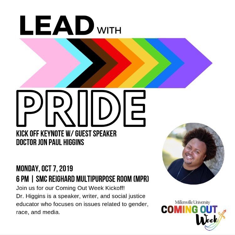 millersvilleu's tweet photo. I hope you are all ready tonight for @DoctorJonPaul ! He will be here tonight to help us kick off our #ComingOutWeek2019 Celebration! It will be a treat that you do NOT want to miss! Kicks off tonight at 6pm! https://t.co/8uuZ7TGjzh