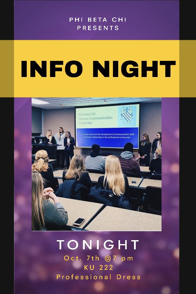 🎉 It’s that time of the semester again!! Come one come all! Our info night will be held TONIGHT in KU 222. It is professional dress. DM for any questions regarding the recruitment process. We’re excited to see all the new faces who are just as involved in Communication as us ☺️