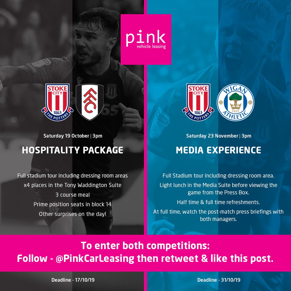 stokecity's tweet image. So Saturday was good, but things are about to get better 😁

@PinkCarLeasing are providing four places in the Tony Waddington Suite for the visit of Fulham, as well as the media day against Wigan Athletic

To enter, simply follow: @PinkCarLeasing
RT and like this post

#SCFC 🔴⚪