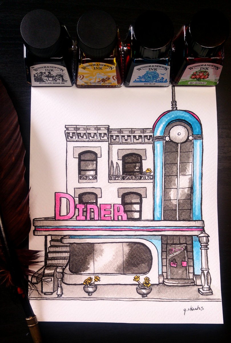 GraceSkeatesArt's tweet image. #inktoberday5 - Build. Wanted to draw the Diner #LEGO Modular Building. The drawing is a bit wobbly and wiggly, but thats what I like about it! 
#Inktober #inktoberbuild #art #drawing #build #illustration
