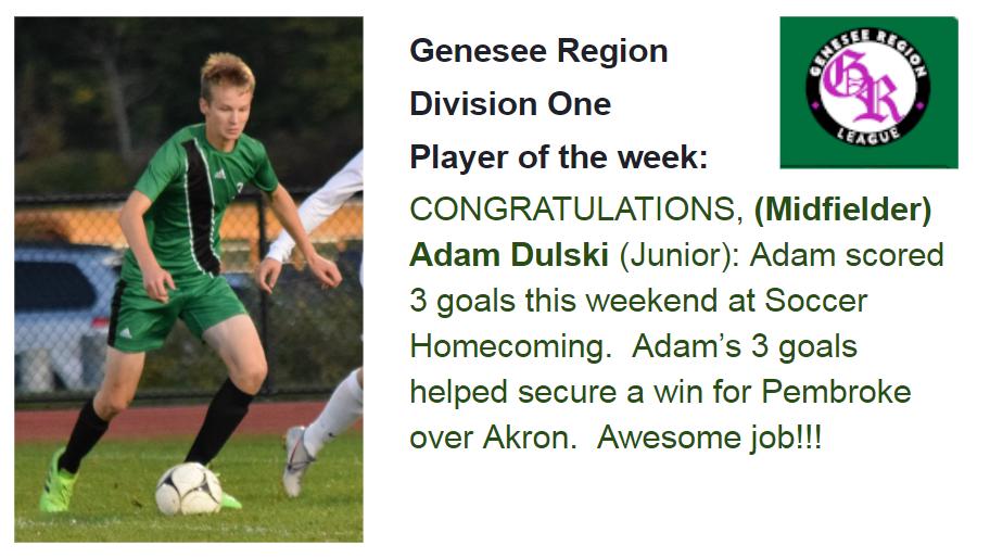 CONGRATULATIONS Adam Dulski for being named Genesee Region player of the week for Boys Varsity Soccer ⚽️👍💯