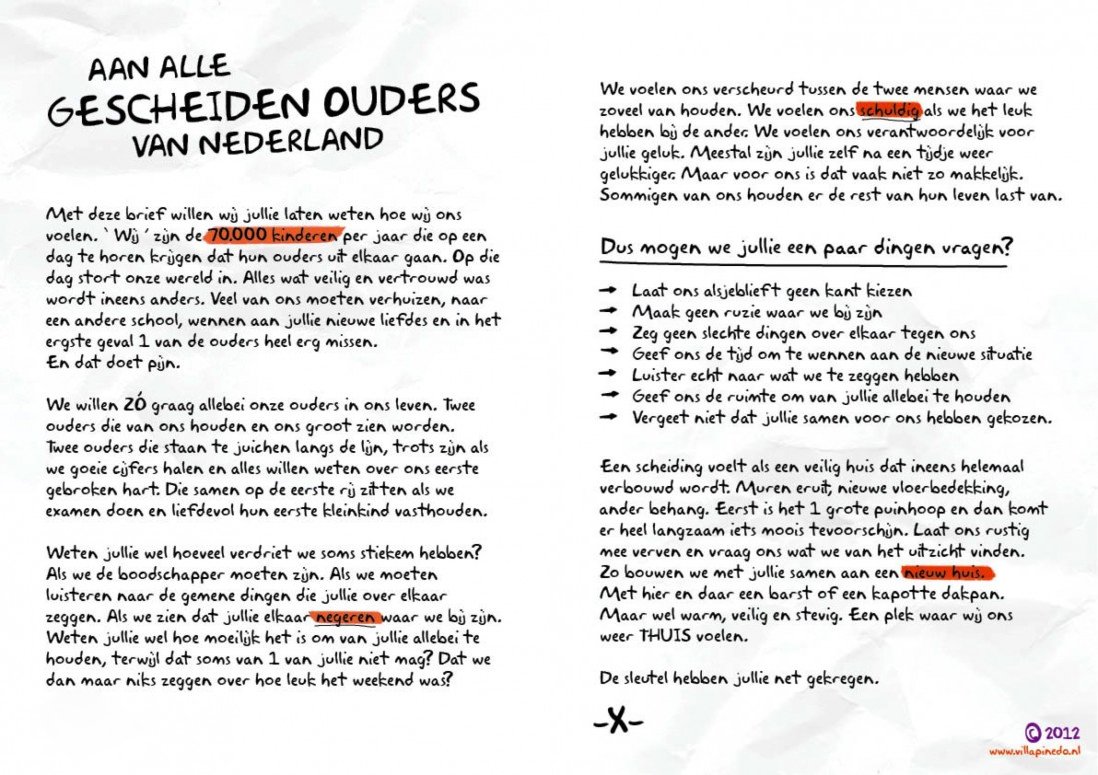 Deze Open brief 'Aan alle gescheiden ouders' wordt voorgelezen door Sophie in het tv-programma <a href="/UtopiaNL/">Utopia</a> <a href="/VillaPinedo/">Villapinedo</a>