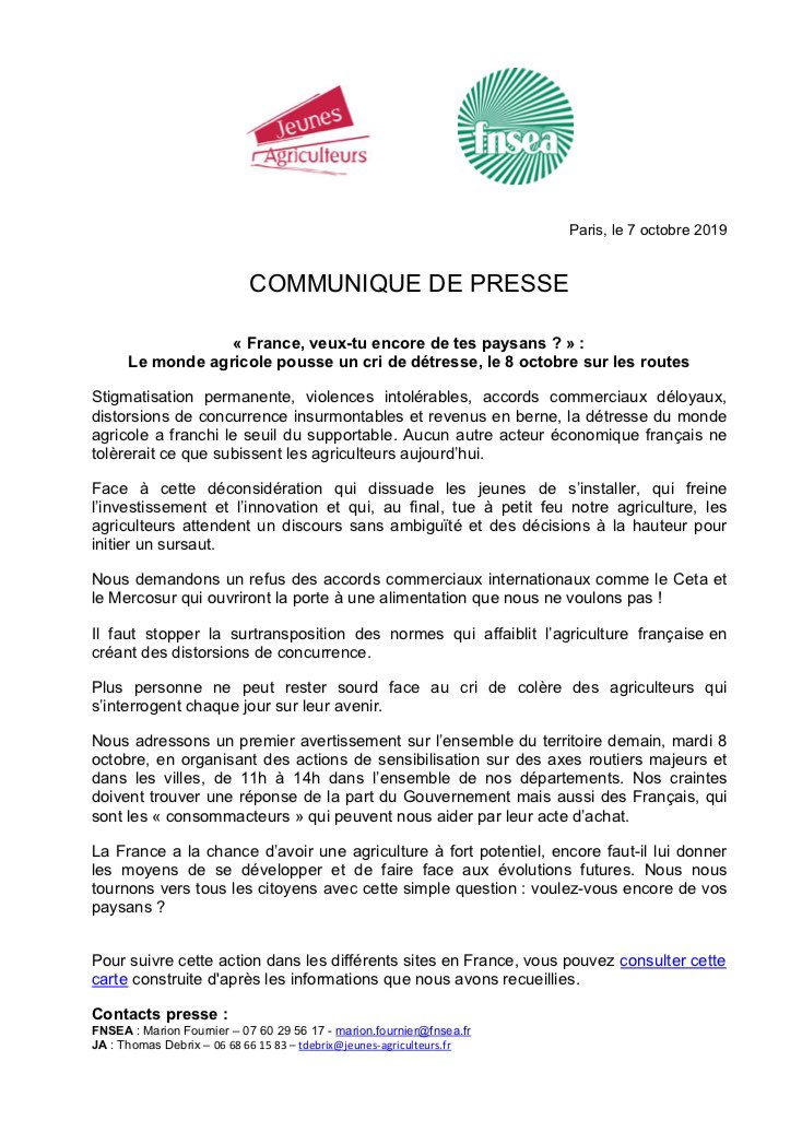 FNSEA's tweet photo. [#CP]« France, veux-tu encore de tes paysans ? » - Stigmatisation permanente, distorsions de concurrence insurmontables, accords commerciaux déloyaux, revenus en berne : le monde agricole pousse un cri de détresse demain sur les routes @JeunesAgri 
➡️https://t.co/sbA0wE6B2D https://t.co/20zo23CHo4
