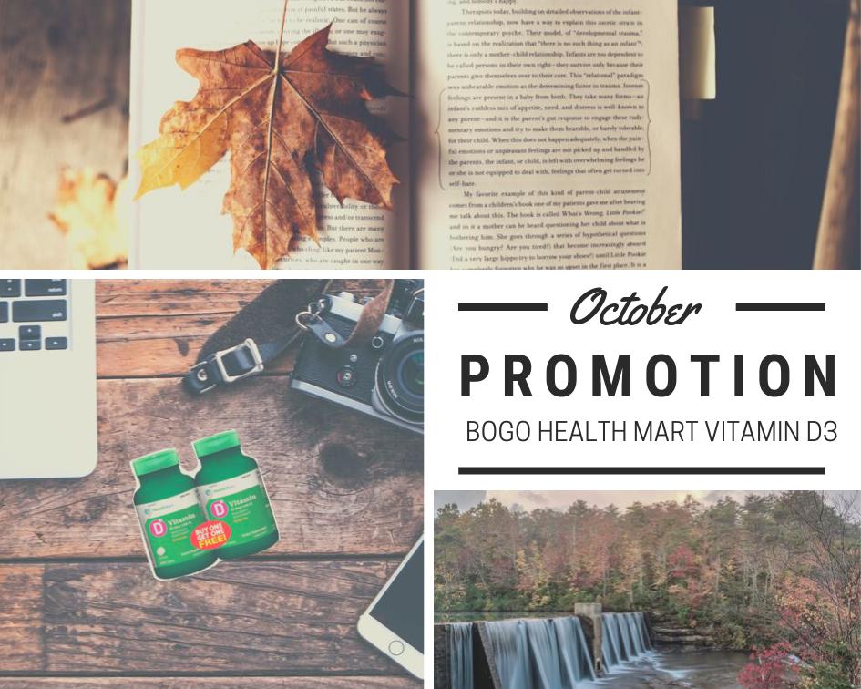 SALE ALERT --> Stop by during the month of October to get specially marked HealthMart Vitamin D3 buy one get one free!  Vitamin D3 is essential for absorption of calcium and supports bones, teeth, and the immune system.