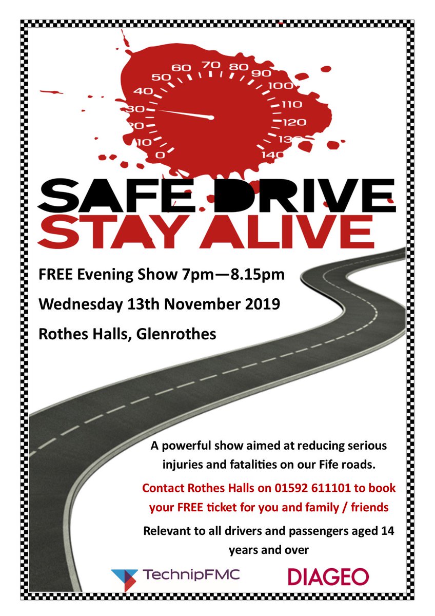 SDSAFife's tweet photo. Come along and see the Safe Drive Stay Alive show for FREE at Rothes Halls on Wednesday 13th November 7pm-8.15pm. Open to all from 14 years to 100 years and vital messages to all drivers and passengers. Please share this and book your FREE tickets by calling 01592 611101 https://t.co/hmCsDCw5Aj