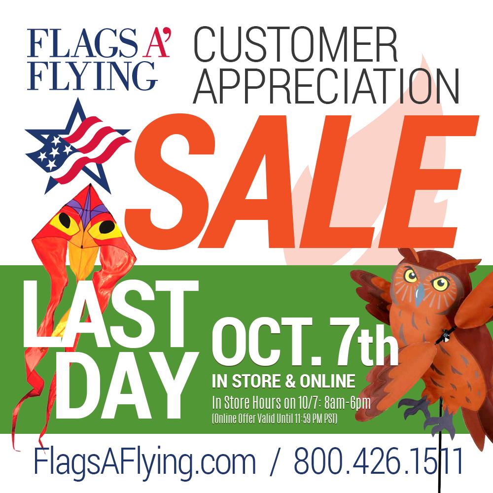 FlagsAFlying's tweet image. It's the final day of our Customer Appeciation Sale here @FlagsAFlying. Stop in or shop online to save on flags, flagpoles, &amp;amp; more! #flagsaflying #thankyou