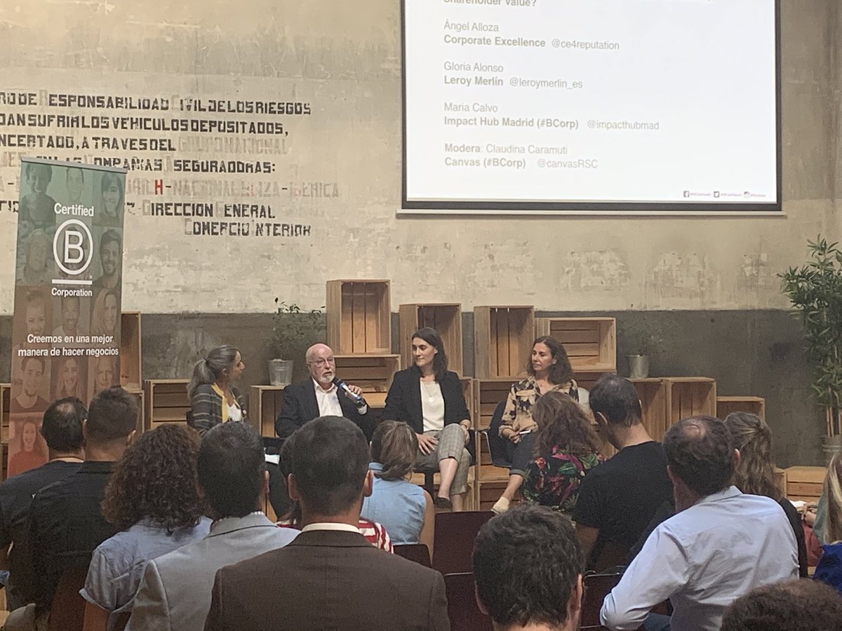 dtruran's tweet image. En la #btardes Madrid Angel Alloza ⁦@CE4reputation⁩ Gloria Alonso ⁦@leroymerlin_es⁩ Maria Calvo ⁦@ImpactHubMAD⁩ ⁦@canvasRSC⁩ comparten de que manera las empresas pueden y van más allá del shareholder value y tan solo de los beneficios?