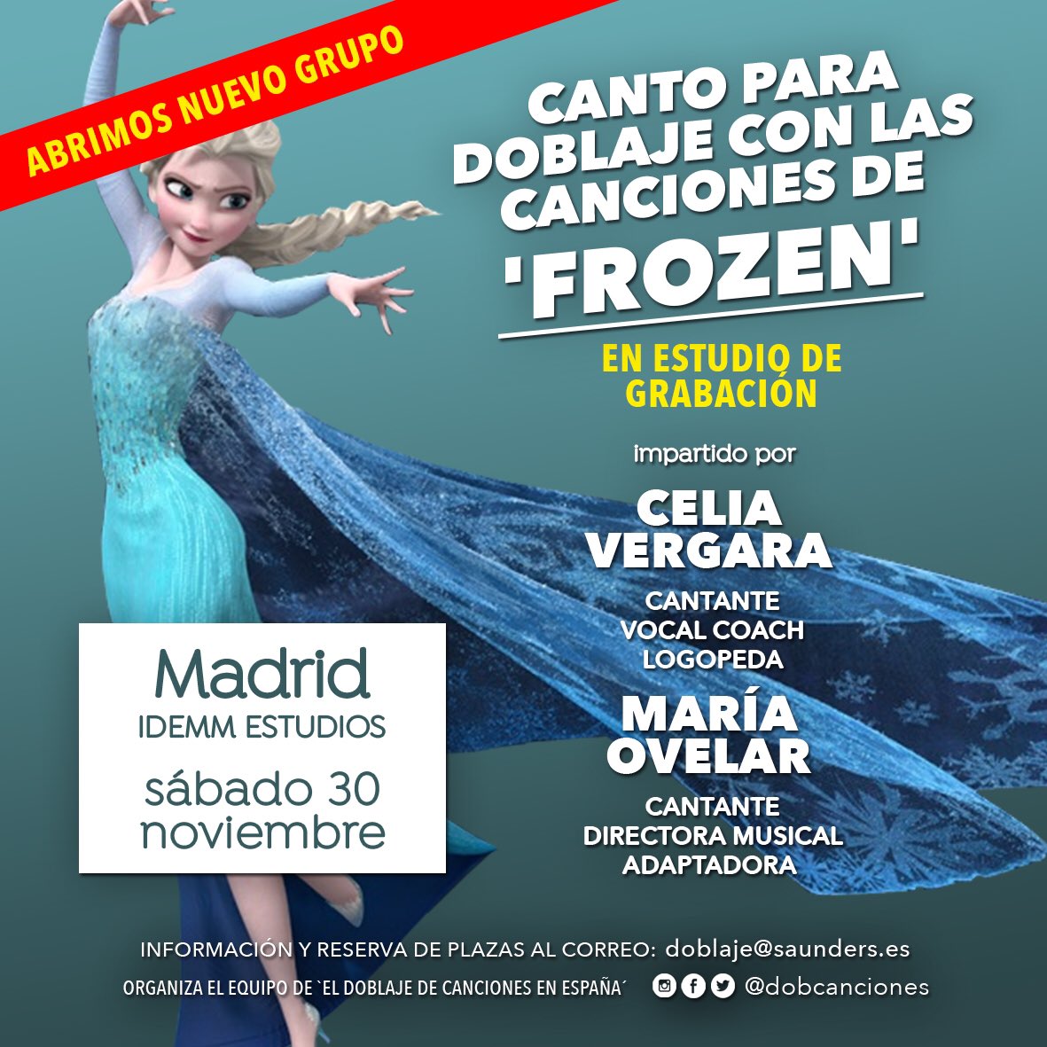 Muy contentos de albergar en Noviembre dos cursos de canto para doblaje de nuestros amigos de @ElDoblajeDeCancionesenEspaña impartido por <a href="/celiavergara/">Celia Vergara</a> y María Ovelar. Día 23 completo. ¡Aún quedan algunas plazas para el día 30! #doblaje #frozen #Frozen2 #recordingstudio