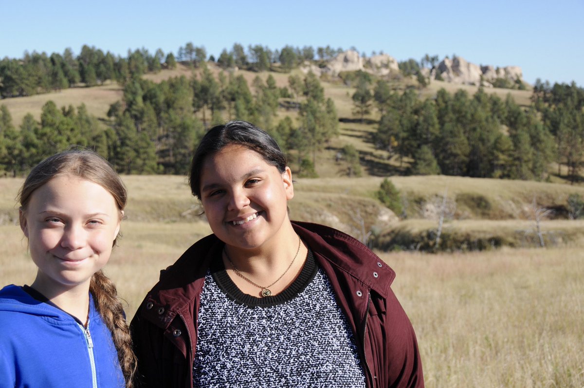 GretaThunberg's tweet image. Incredible honoured to visit Pine Ridge @tokata_ie and the Lakota people in their beautiful homelands. The #FridaysForFuture movement stand in solidarity with your struggles and hardships, and the struggles of all indigenous peoples in protecting their land, water and traditions.