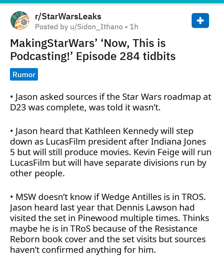 Dataracer117's tweet image. Making Star Wars is reporting Kathleen Kennedy will step down as president of Lucasfilm in 2021. Kevin Feige is replacing her. 

See ya!