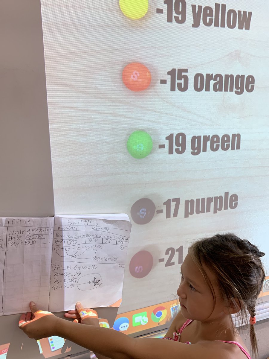 Second graders using problem solving skills to determine the total number of skittles in the bulb.
