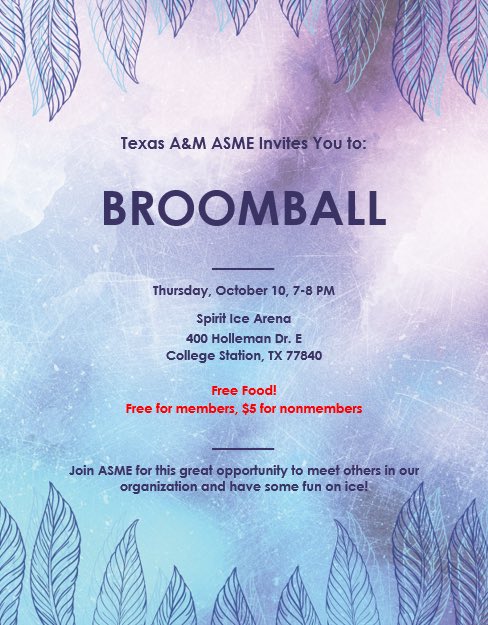 Tamu_ASME's tweet photo. There will be no speaker meeting tomorrow. However, we will be hosting our first Social Event of the semester this Thursday at Spirit Ice Arena! Join us for Broomball and free food at 7pm!❄️⛸🍕 https://t.co/W5zpKbSlEK