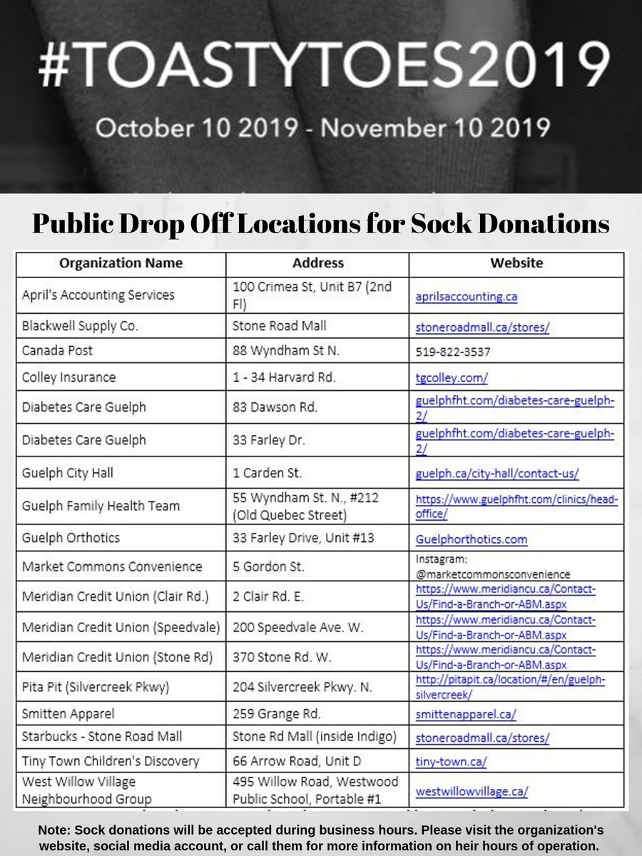 ToastyToesGue's tweet photo. ToastyToes Guelph 2019 launches in 3 days! There are 18 drop off locations around #Guelph that will be accepting public sock donations. See below for the list of amazing organizations that are accepting your donations of new, warm socks for men, women, and children! #ToastyToes19 https://t.co/XGta8m0EWJ