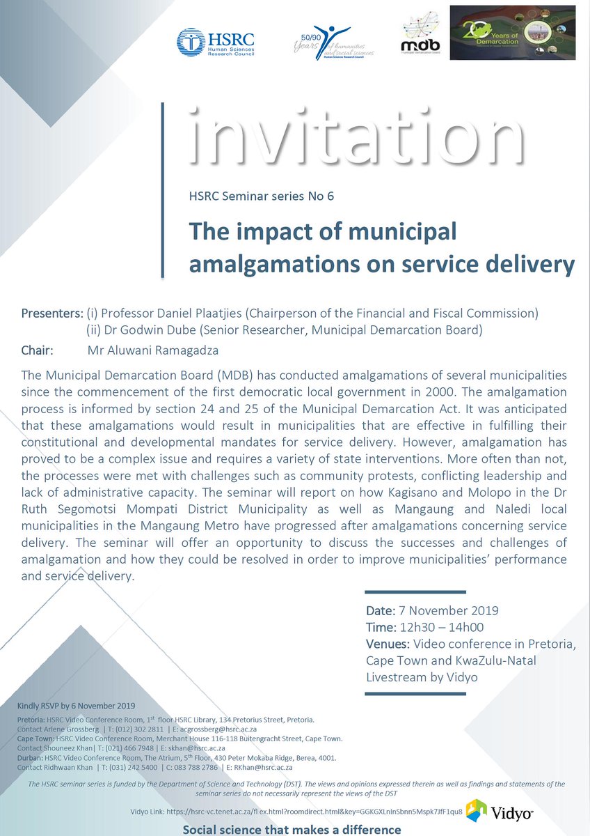 MunicipalBoard's tweet photo. SAVE THE DATE (07 November 2019) for the last #MDB and #HSRC seminar series for the year.
TOPIC OF THE DAY: "The Impact of Municipal Amalgamations on Service Delivery"
See poster for more details.
#20YearsOfDemarcation https://t.co/ss1UrtWmNe