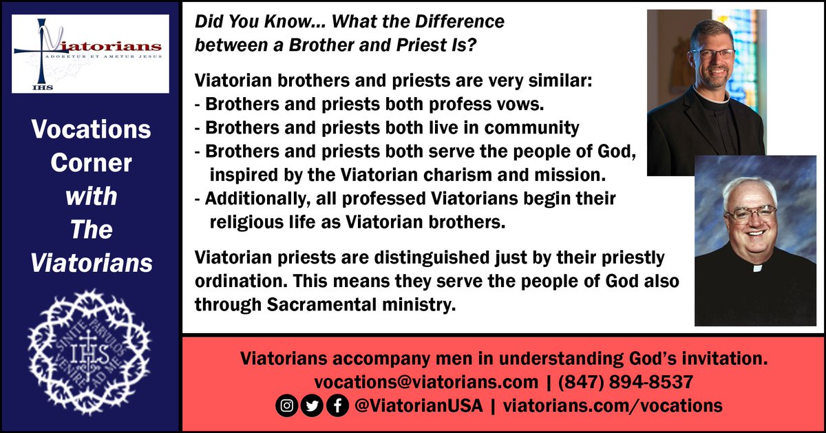 ViatorianUSA's tweet photo. This Sunday and every Sunday, we invite you to learn and pray with the Viatorian Vocation Corner. This week, we offer a brief explanation of the difference between a brother and priest.
#AdoredAndLovedBeJesus #ProclaimChristAndGospel #RaisingCommunities https://t.co/paRSV9gFNJ
