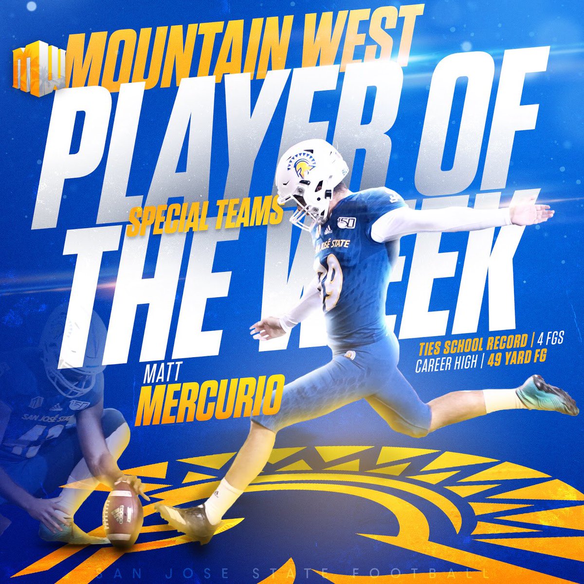 Mountain West Special Teams Player of the Week⚔️

⚔️ <a href="/MattMercuriooo/">Matt Mercurio</a> 
🔹4 Field Goals (School Record)
🔹Career long 49 Yard FG

🔗 bit.ly/2Op9RQR

#SpartanUp