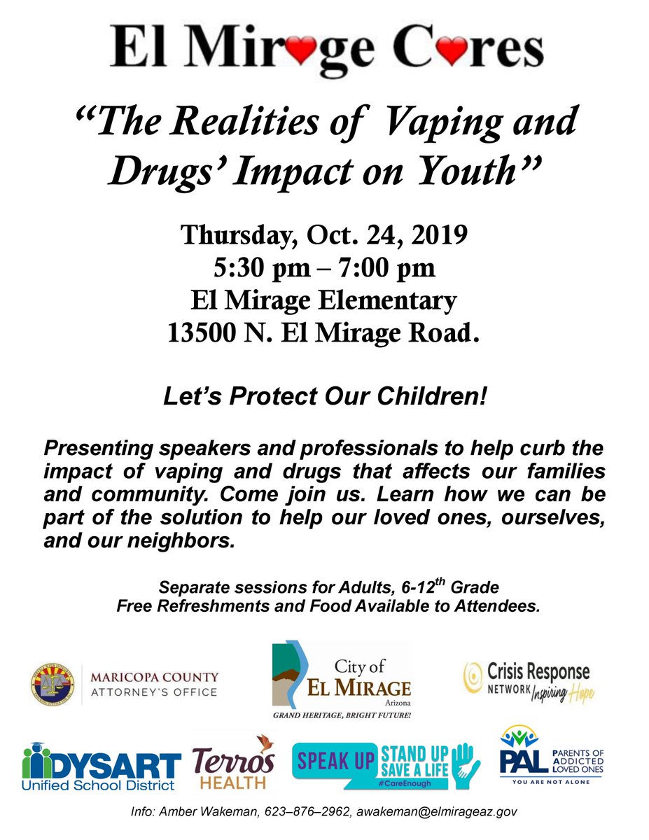 ElMirageArizona's tweet photo. Please join us for an important conversation discussing Vaping and Drugs Impact on Youth on October 24 https://t.co/JSBFIgWu5h
