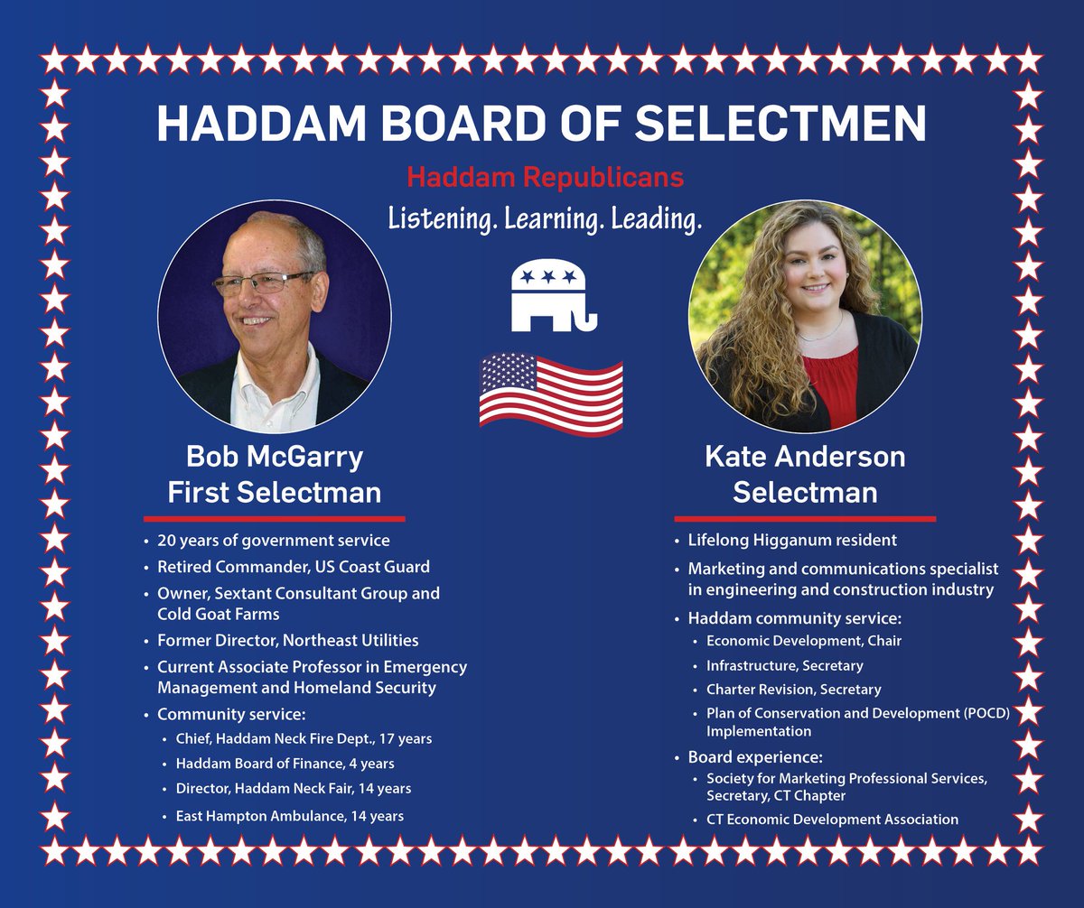 HaddamCTGOP's tweet photo. Introducing Bob McGarry and Kate Anderson, your Republican candidates for Haddam Board of Selectmen! https://t.co/c8zTPqdVRq
