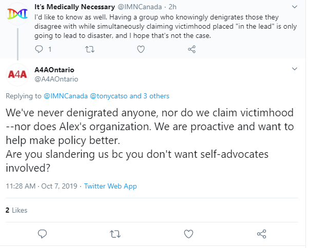 IMNCanada's tweet photo. An #altautism play, in two acts. We should be concerned when people who threaten, insult, and gaslight those who disagree with them want to "take the lead" on autism policy. Shout out to @tonycatso for first calling this out. #elxn43 https://t.co/0XChCFCUO5