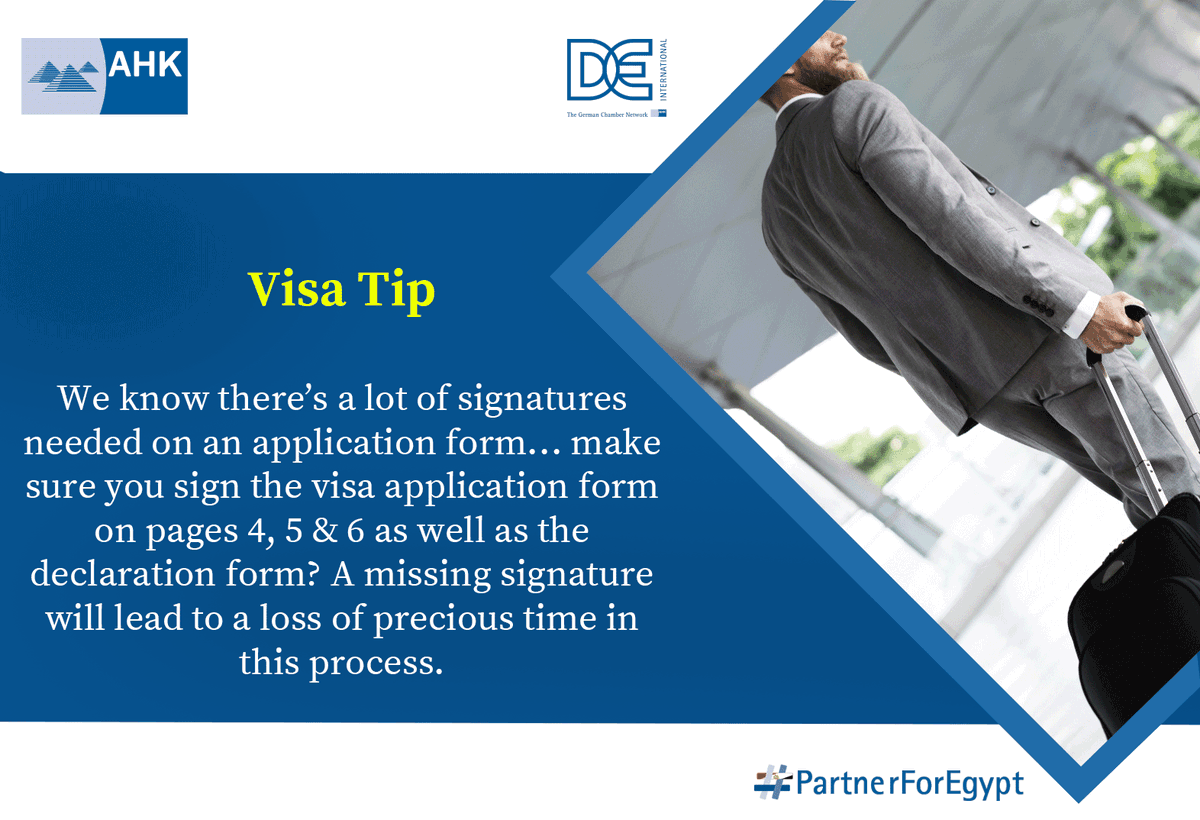 gacicegypt's tweet photo. Business Visa Support

For member companies of the German-Arab Chamber of Industry and Commerce we offer in cooperation with the German Embassy a special visa service for Egyptian business travelers who want to travel to Germany.
#partnerforegypt #visa #Schengen #travel https://t.co/mvcF26NcIb