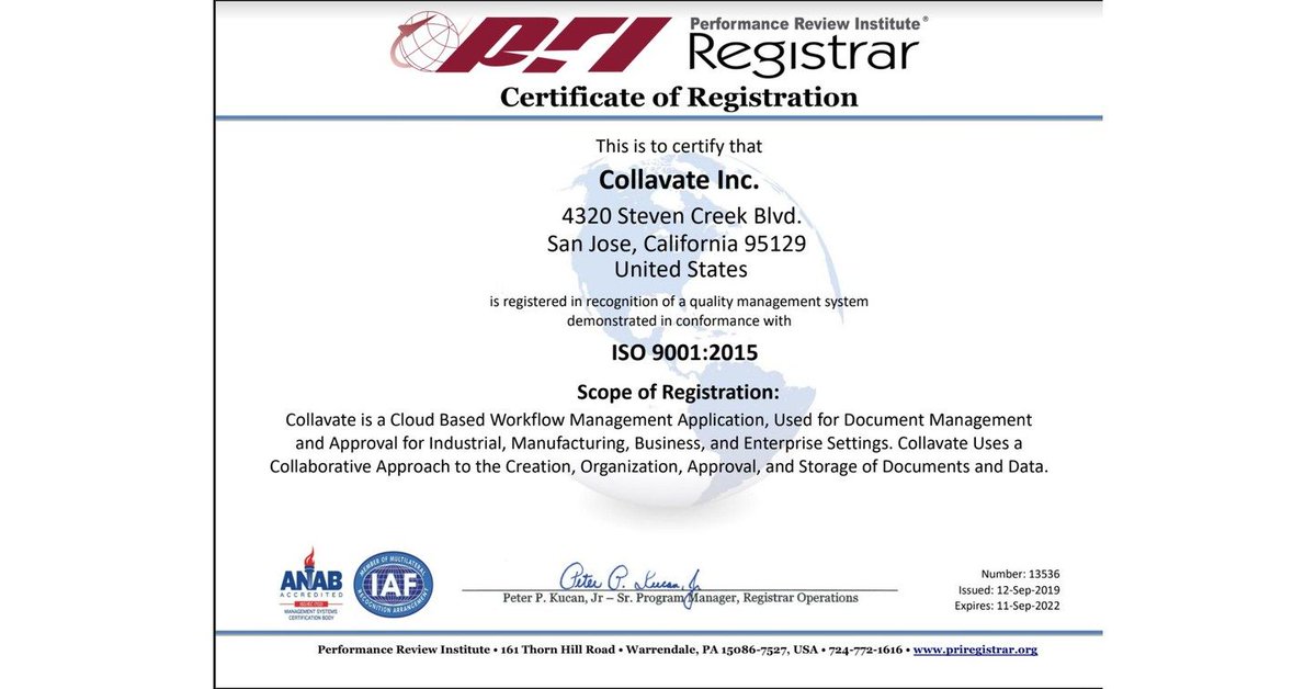 Collavate's tweet image. Collavate is ISO 9001 certificated. Read what that means. #collavate #gsuiteworkflow #iso9001 #QMS #compliance #googledrive prn.to/2oar8Tf