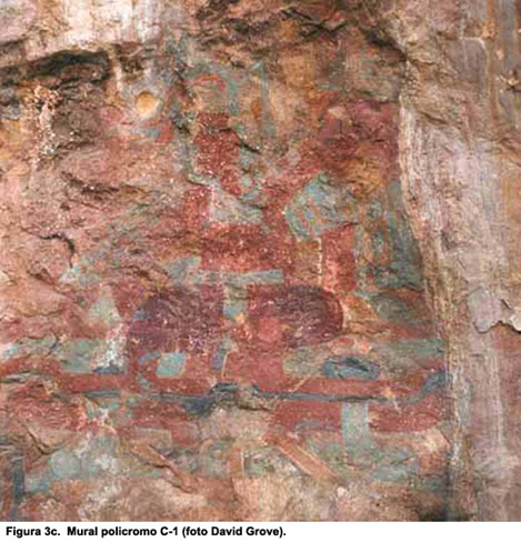The mural above the cave appeared to show a man wearing a bird costume seated upon the head of a personified cave "monster."(Look for the two eyes, marked by x's, and the out curving fangs beneath them.) (Photo and drawing by Grove) 7/13