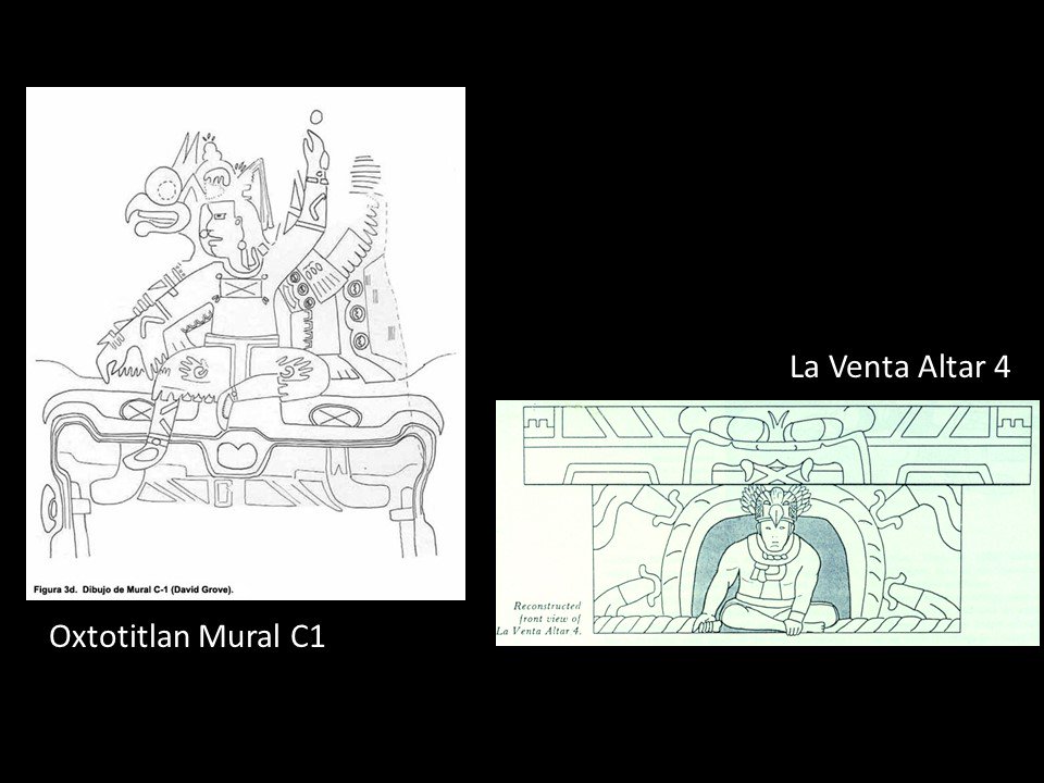 Grove proposed that the scene depicted at Oxtotitlan was analogous to the Olmec "Altars" found at La Venta and San Lorenzo, each of which featured a niche or cave, complete with a "monster" mouth.And, he argued these Altars were in fact used as thrones by Olmec rulers. 8/13