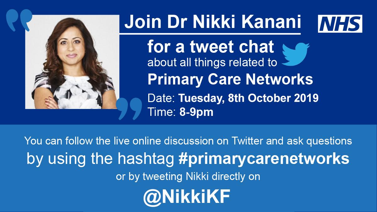 NHS England Events (@nhsenglandevent) on Twitter photo The next primary care networks tweet chat with our Medical Director for Primary Care <a href="/NikkiKF/">Dr Nikita Kanani (she/her)</a> will take place on Tuesday 8 October at 8pm. Follow #primarycarenetworks and join in the conversation. The next primary care networks tweet chat with our Medical Director for Primary Care <a href="/NikkiKF/">Dr Nikita Kanani (she/her)</a> will take place on Tuesday 8 October at 8pm. Follow #primarycarenetworks and join in the conversation.