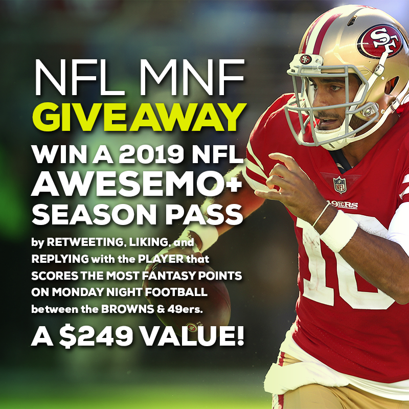 Stokastic's tweet photo. 🚨 🎁 NFL MNF #Giveaway 🎁🚨 

Win a FREE 2019 NFL Awesemo+ Pass! Guess the PLAYER that scores the MOST Fantasy Points in tonight's @Browns vs. @49ers game!
 
🔄RT ❤️Like ✍️Reply 
✅Follow @Awesemo_Com &amp; @AwesemoNFL

Showdown Ownership Projections (FREE) https://t.co/uqBeYpycc1 https://t.co/3Y1zko6Bcb