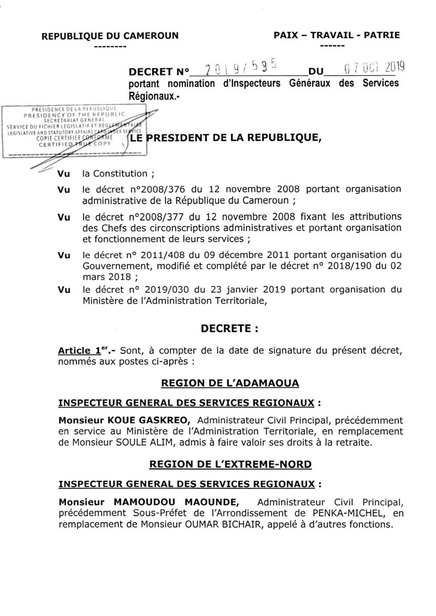 PR_Paul_BIYA's tweet photo. Décret portant nomination d'Inspecteurs Généraux Régionaux.
#PaulBiya
#Cameroun https://t.co/69jWpHzNDF
