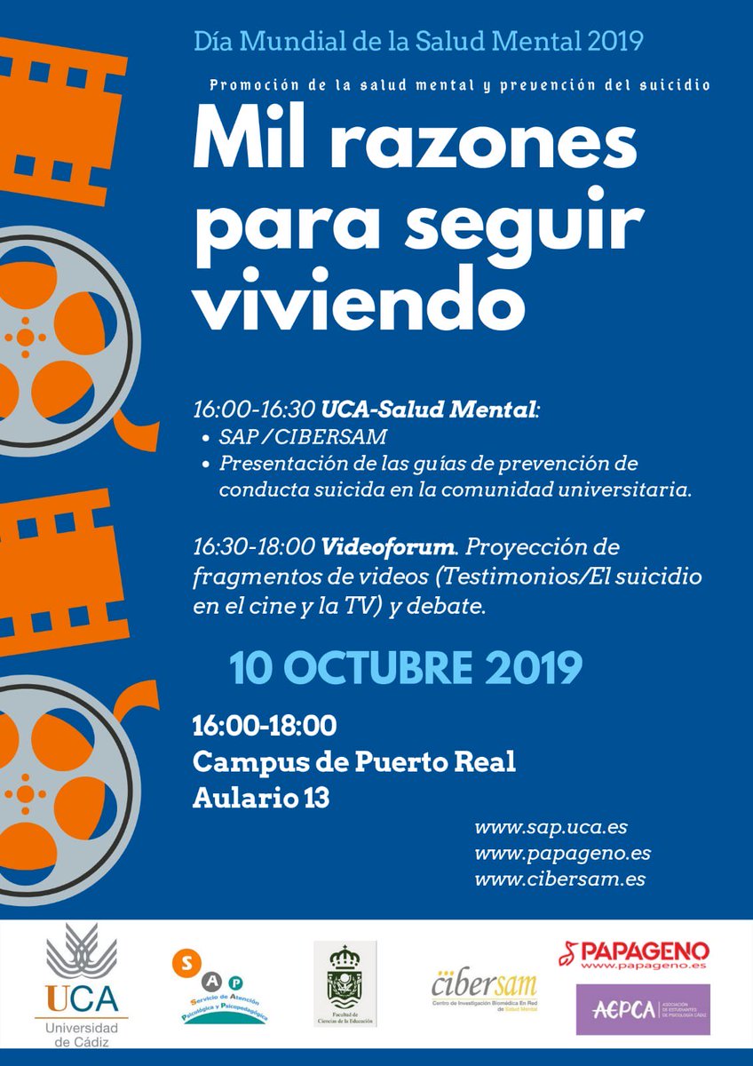 Berrocoso_Lab's tweet image. El día 10 de Octubre se celebra el #DíaMundialSaludMental  este año dedicado a la prevención del #suicidio. Os esperamos en el evento #MilRazonesParaSeguirViviendo @CIBER_SAM @EsPapageno @univcadiz 
🗓️10 de octubre de 16:00 a 18:00h
📍 Campus de Puerto Real (Aulario 13)