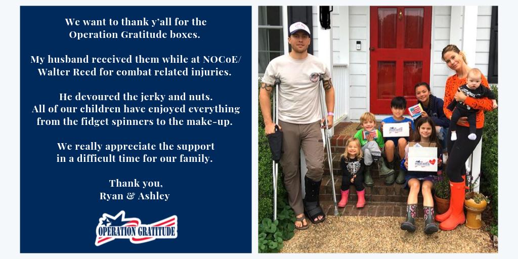 OG_WHCG's tweet photo. #OperationGratitude is proud to provide moments of joy during difficult times to active duty and veteran wounded, ill, and injured service members and their families.  To request a care package, visit: https://t.co/mIQ6gUEEkZ #WoundedHeroes #Caregivers #MotivationMonday https://t.co/reG7q6B58T