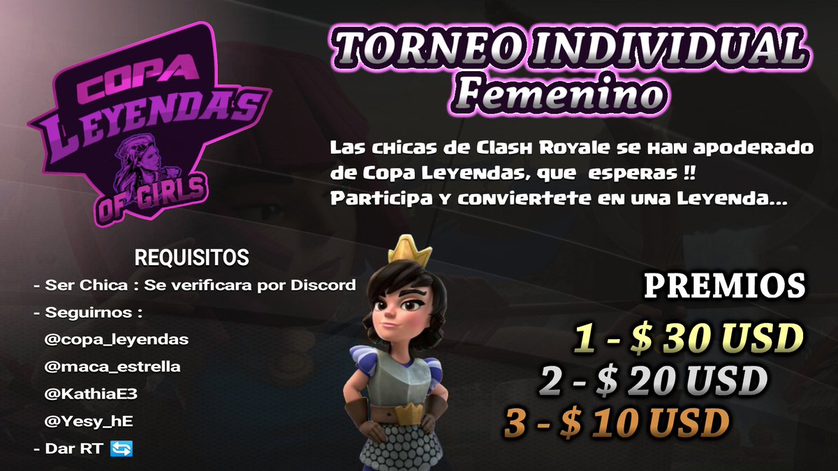 Copa_Leyendas's tweet photo. #ofgirls1edicion

Las chicas de CR se apoderan de Copa Leyendas, Torneo individual femenino, compite por ser una Leyenda... 

Requisitos :

Seguir
@maca_estrella
@KathiaE3
@Yesy_hE

Dar 15 RT 🔄

Pruebas por MD 📩

@AlianzaCup https://t.co/cfChmJmLi0
