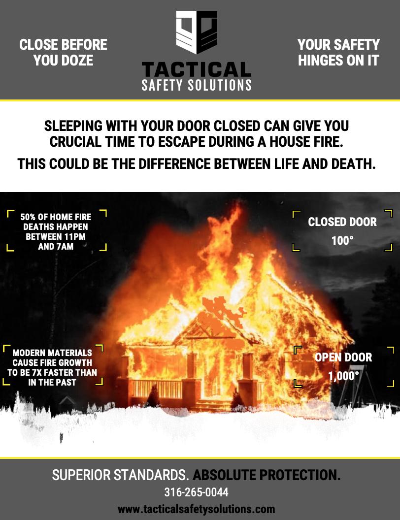 Tactical_KS's tweet photo. It’s National Fire Prevention Week! Tactical Safety Solutions wants to remind you that it’s safer to keep your door closed while sleeping. Watch the @UL_FSRI video to see just how important it is to #CloseBeforeYouDoze. https://t.co/rAqxZQtvfp https://t.co/nXOz5wfBhU