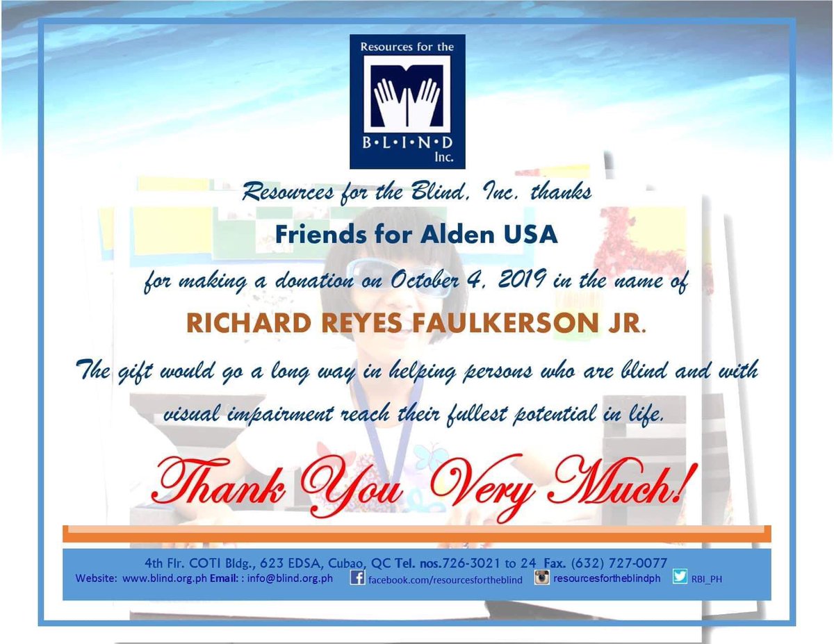 FriendsForAlden's tweet photo. Typo! So repost with proper HT. 😊

We made a donation to Resources For The Blind in honor of @aldenrichards02 as he continues his role as Sep in The Gift. We are hoping that this will further help in their advocacy and spread awareness. 

#TheGiftBanta 
#AldenRichards https://t.co/NBG9Hy62yK