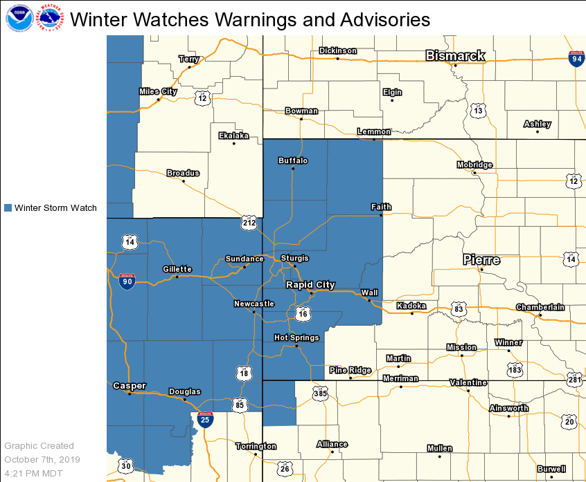 Accumulating snow expected across the area Wednesday afternoon into Friday. Winter Storm Watches have been issued. Forecast of snowfall amounts will change over the next few days. Pay attention to the latest forecasts! #sdwx #wywx