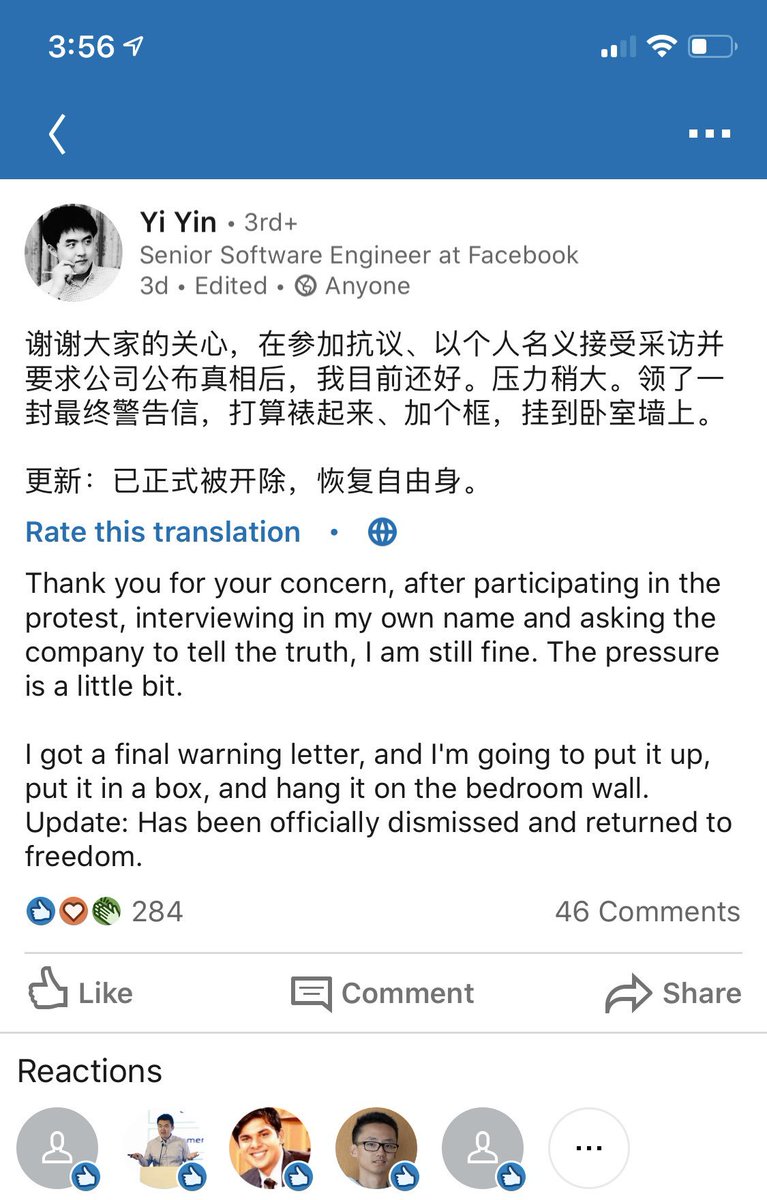 JingshuM's tweet photo. Shame on Facebook. @facebook @workersrightsHQ @fbnewsroom This Facebook ex-employee was fired because he defended rights for    Qin Chen, the Facebook employee who committed suicide at the company's Menlo Park, California. https://t.co/lKf218kugj