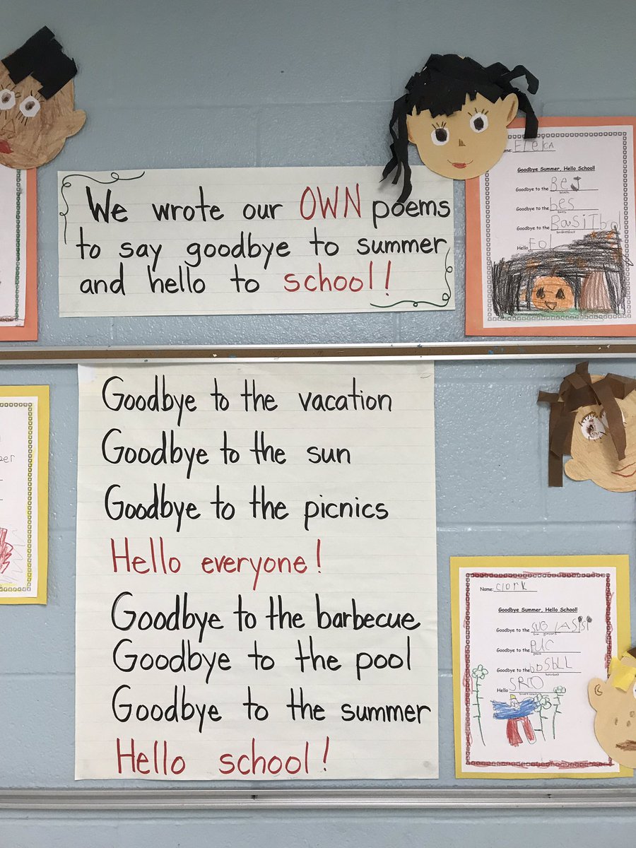 MrsMoulton1's tweet photo. Our shared reading poem “Goodbye” gave us many learning opportunities. We re-read it many times to gain fluency, hunted for HF words and new vocabulary, brainstormed other summer things to leave behind, and then wrote our own versions of the poem to welcome fall! https://t.co/mxpDygzEng