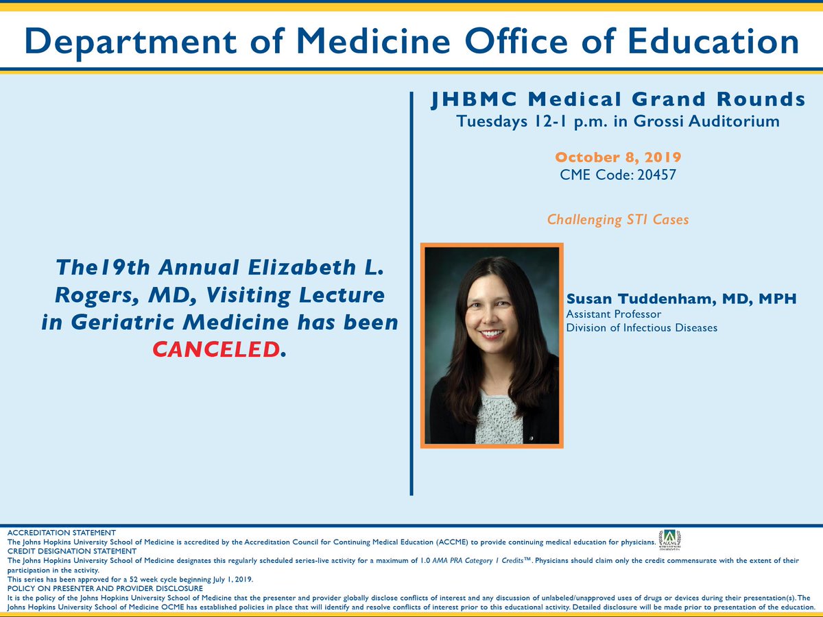 Join us tomorrow for JHBMC Medical Grand Rounds featuring Dr. Susan Tuddenham #grandrounds