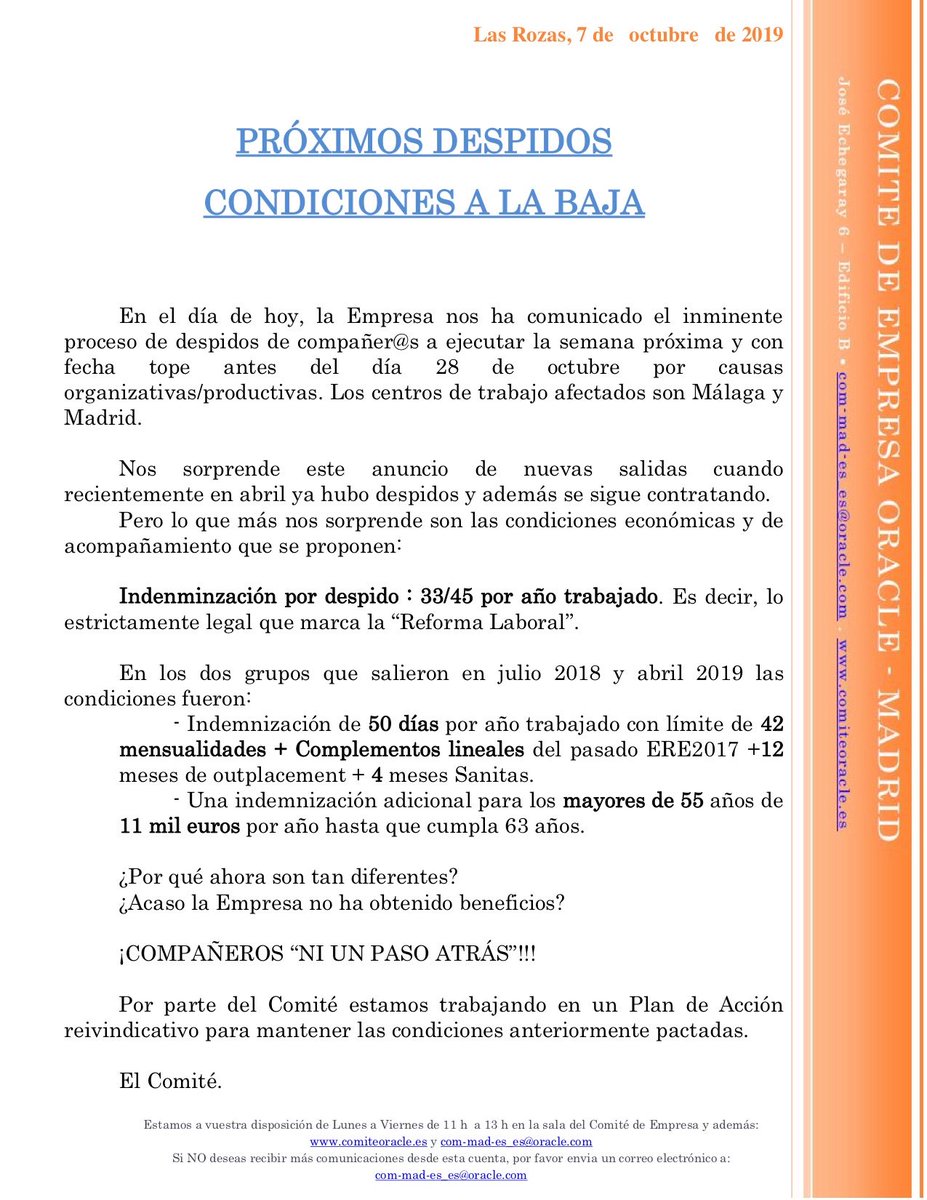 ComiteOracle's tweet image. COMUNICADO: PRÓXIMOS DESPIDOS
CONDICIONES A LA BAJA #ComiteOracle #NoMasDespidos #Oracle #Cloud #OracleCloud