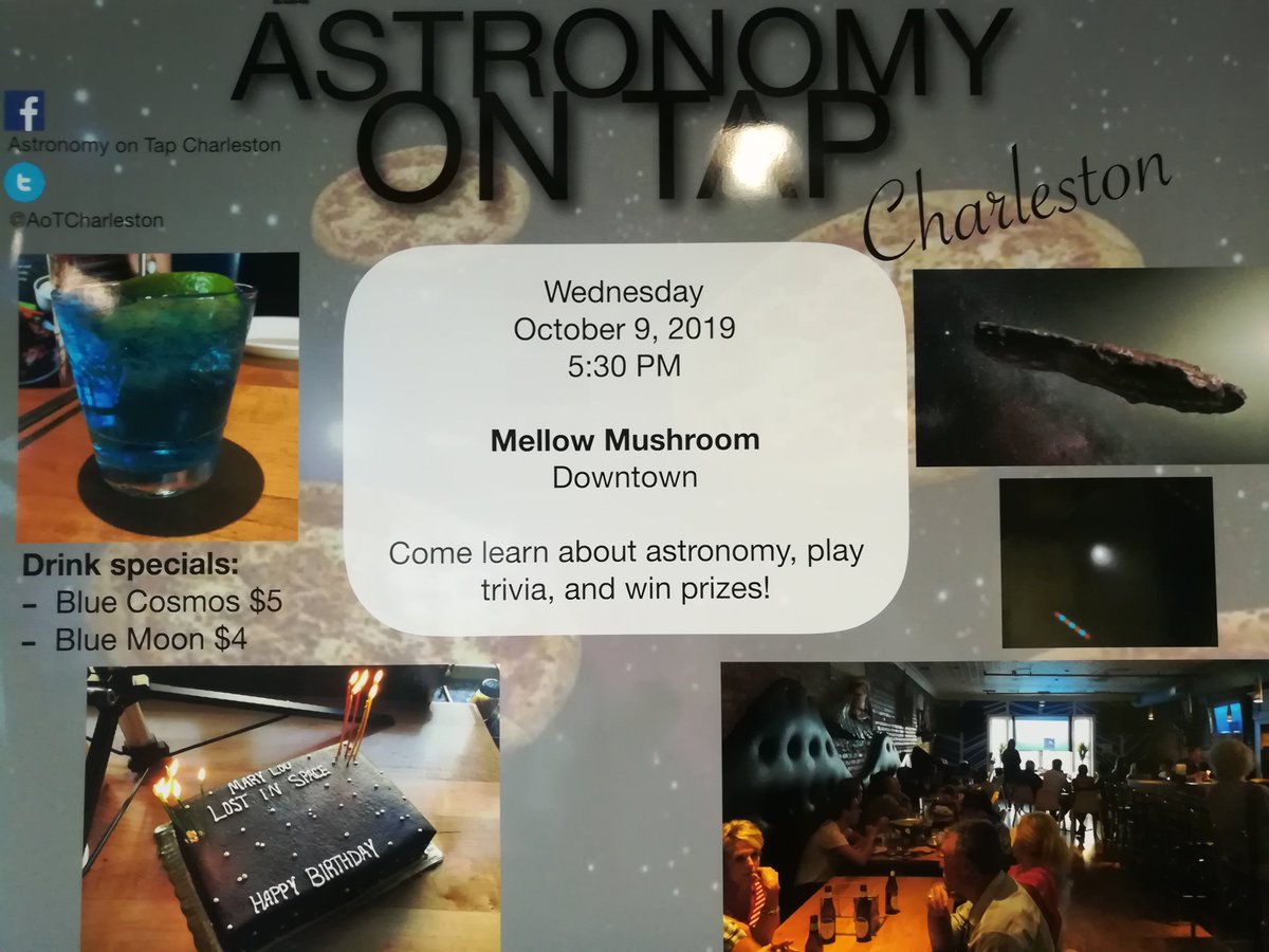 Have a drink, eat some pizza, and learn about astronomy! Join us <a href="/cofcphysics/">CofC Physics & Astronomy</a> in the next <a href="/AoTCharleston/">Astronomy on Tap CHS</a> on Wednesday October 9 at <a href="/MellowMushroom/">Mellow Mushroom</a> in downtown #CHS. Talks and trivia start at 5:30pm.