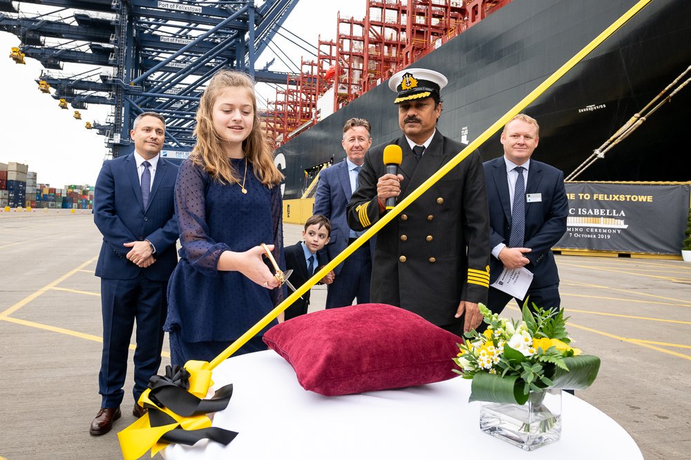 MSCCargo's tweet photo. "I name you, MSC Isabella!" Earlier today, the MSC Isabella was named at a ceremony in the Port of Felixstowe. The ceremony was graced by the young godmother, Isabella, whom the vessel is named after. 🍾🚢🎊 #MSCIsabella https://t.co/OuPNgkALdI