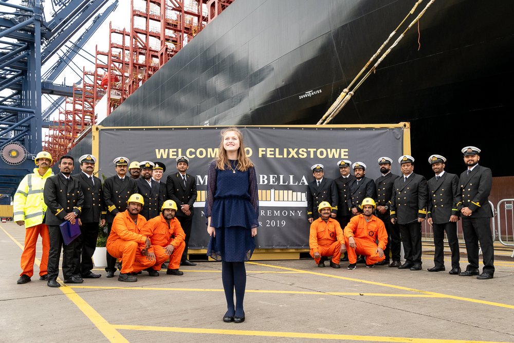MSCCargo's tweet photo. "I name you, MSC Isabella!" Earlier today, the MSC Isabella was named at a ceremony in the Port of Felixstowe. The ceremony was graced by the young godmother, Isabella, whom the vessel is named after. 🍾🚢🎊 #MSCIsabella https://t.co/OuPNgkALdI
